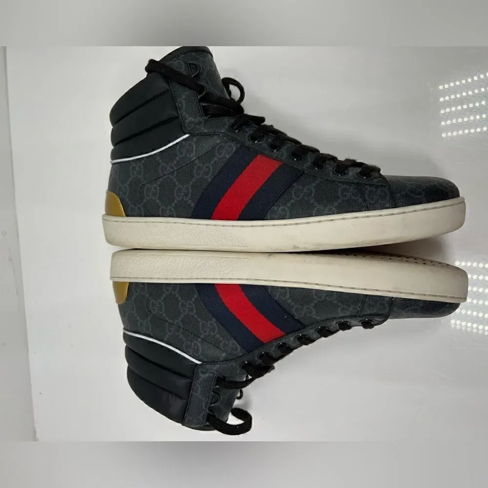 AUTH GUCCI MEN CANVAS GG LOGO PRINT ACE HIGH TOP GOLD BACK SNEAKERS SIZE 8